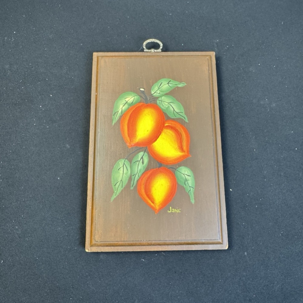 Vintage Hand Painted Peaches On Wood Plaque